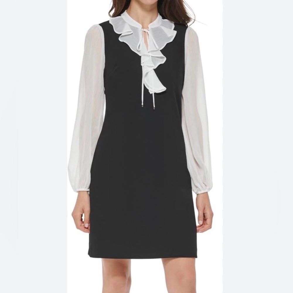 Tommy Hilfiger Black Dress with White Ruffle Neck & Sheer Sleeves